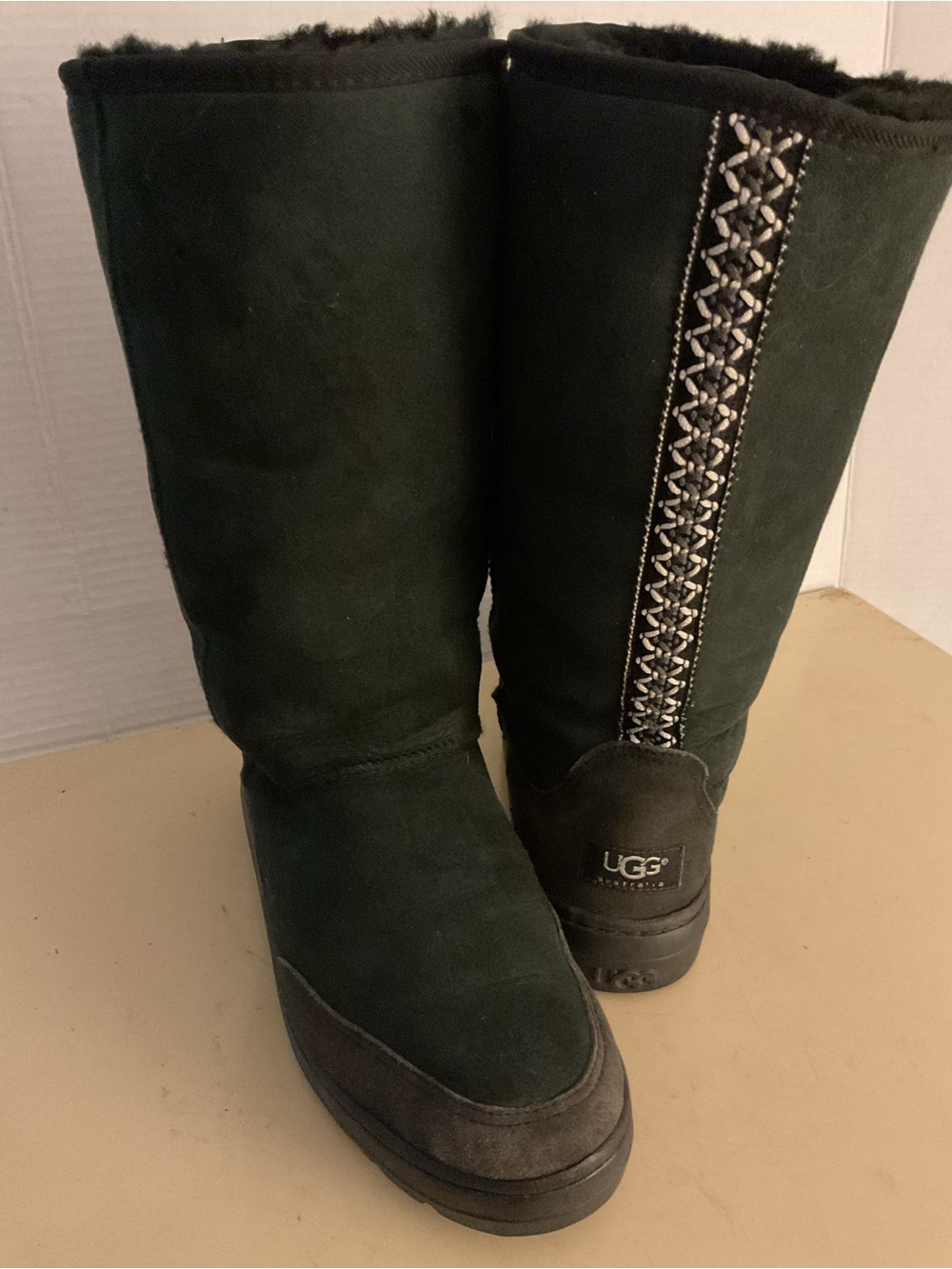 UGG women black suede tall Tasman Braid knee high classic boots US 8